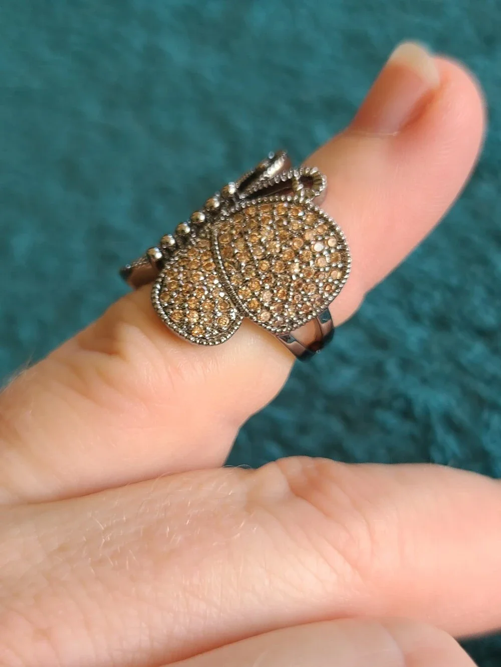 Vintage-Inspired Butterfly Statement Ring in Brown Crystal and Antique Silver